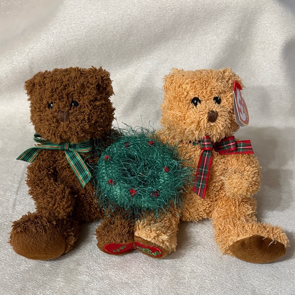 Ty Merry Kiss-mas Brown and Tan Stuffed Bears with Green Accents